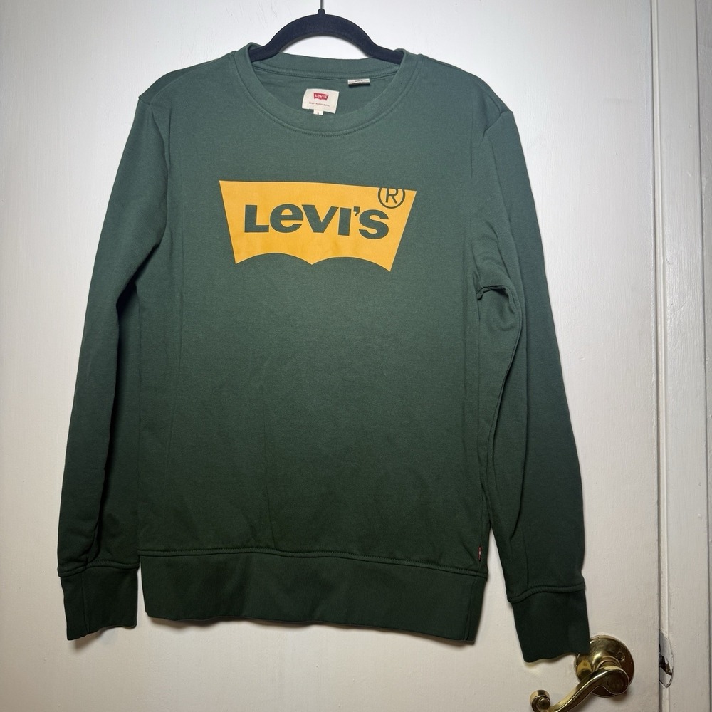 Levi's Crewneck Long Sleeve Sweatshirt, Green Relaxed Fit Yellow Logo Mens S